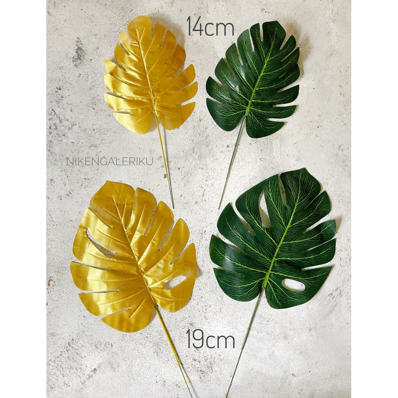 DAUN MONSTERA PLASTIK HIJAU DAN EMAS - DAUN DEKORASI