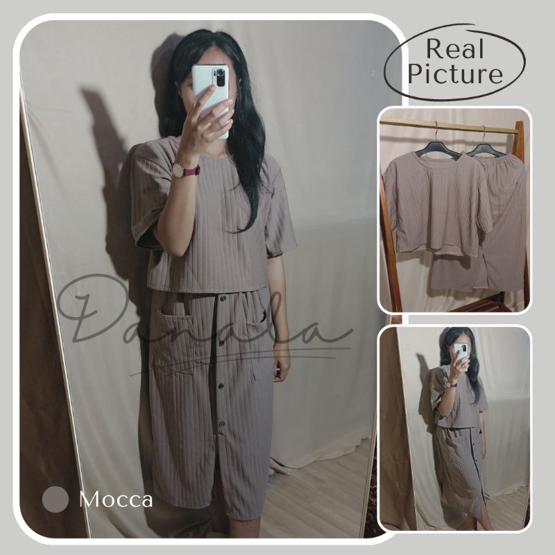 Kayonna Oneset One Set Setelan Wanita Rib Knit Premium Crop top atasan lengan pendek rok midi kancin