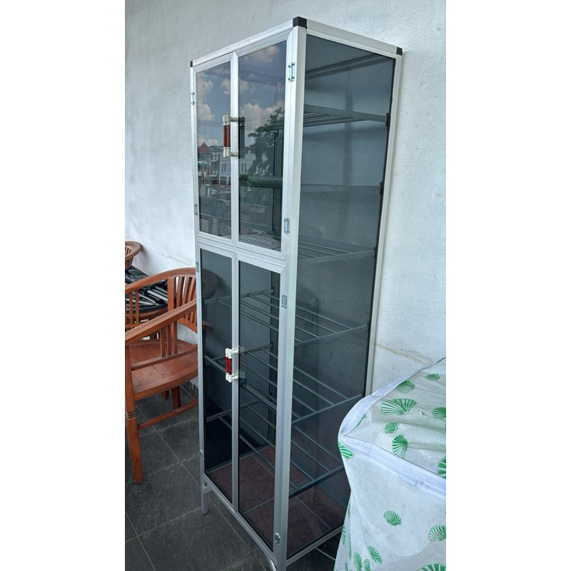 RAK SEPATU 2 PINTU ALUMINIUM FULL KACA HITAM