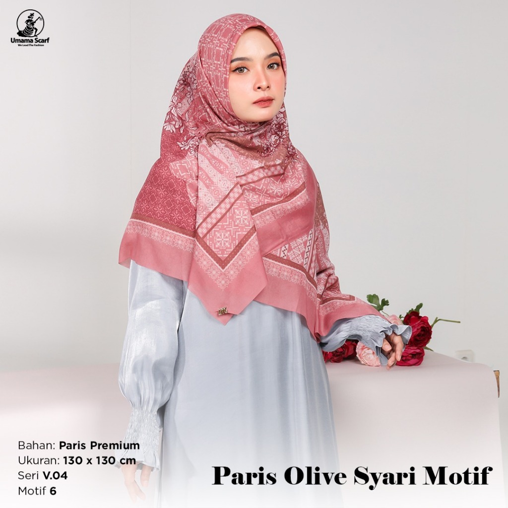 PREMIUM UMAMA JUMBO SYARI PARIS OLIVE MOTIF METAL LOGO Hijab Segi Empat Premium 130x130 cm PLAT BESI