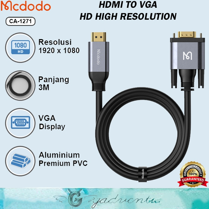 Mcdodo Ca-127 Kabel Hdmi To VGA / Hdmi to Hdmi / VGA to VGA Hd 4k 8k Display Cable Converter Audio Video Ps4 Pc Laptop Komputer Sambungan Layar Monitor Premium Nylon Braided-HDMI To VGA 3M