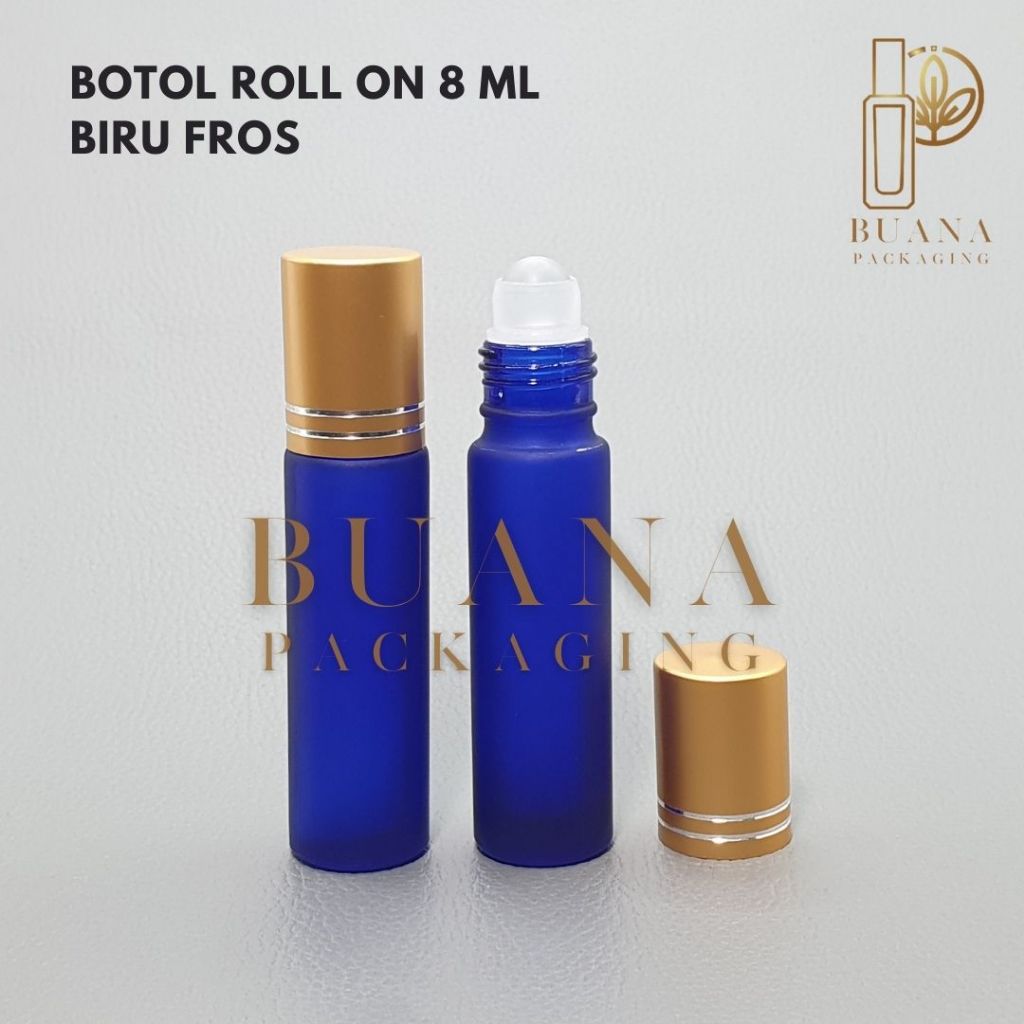 Botol Roll On 8 ml Biru Frossted Tutup Stainles Emas Matte Bola Plastik Natural / Botol Roll On / Botol Kaca / Parfum Roll On / Botol Parfum / Botol Parfume Refill / Roll On 10 ml
