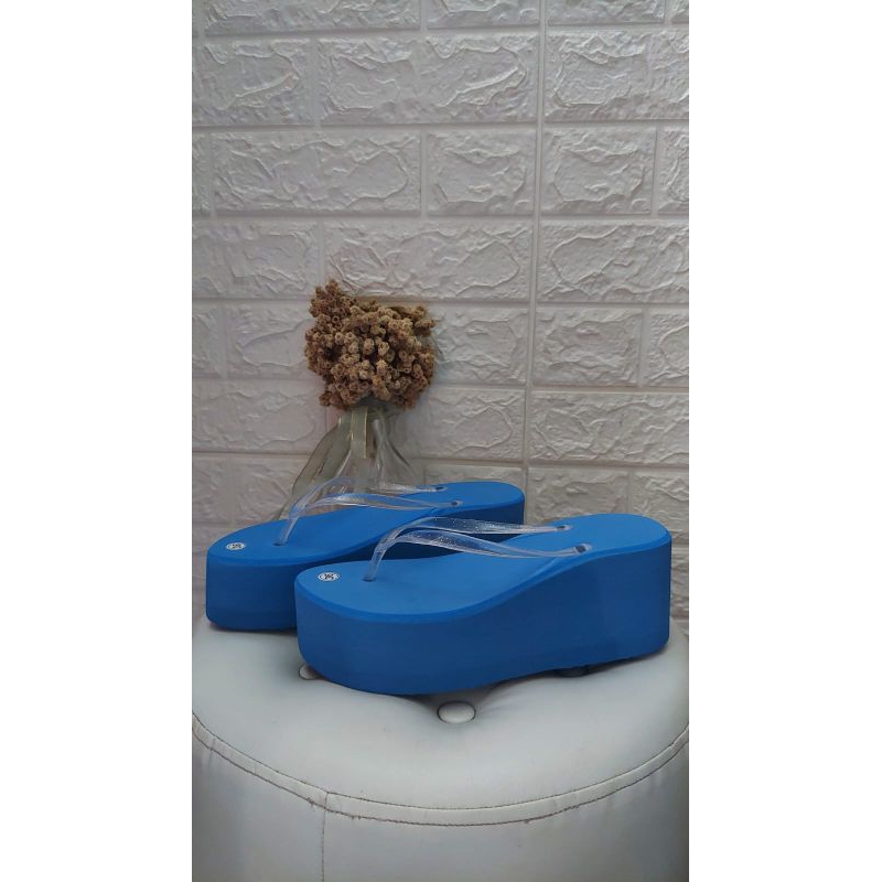 sandal jepit wanita wedges Biru heels  7cm