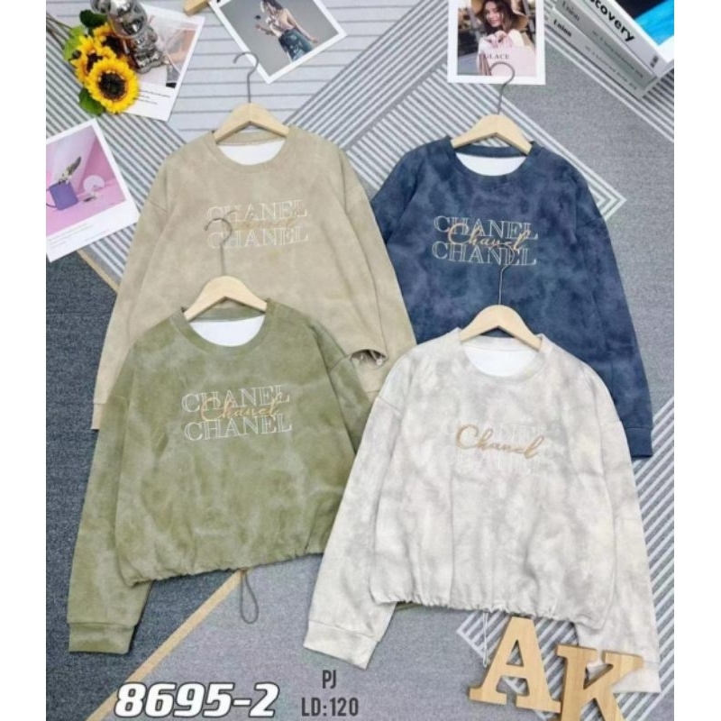 blus kaos scuba tebal pinggang serut motif tidy