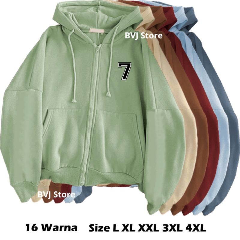 jeket resleting wanita number 7 hoodie cewek aesthetic tebal bahan fleece size L XL XXL 3XL 4XL hood
