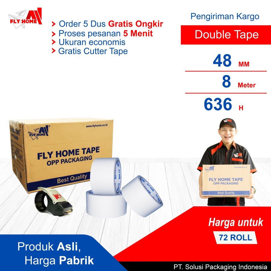 

FLYHOME Double tape 48mm x 8meter 1 dus hotmel 72 roll ukuran Full Cargo