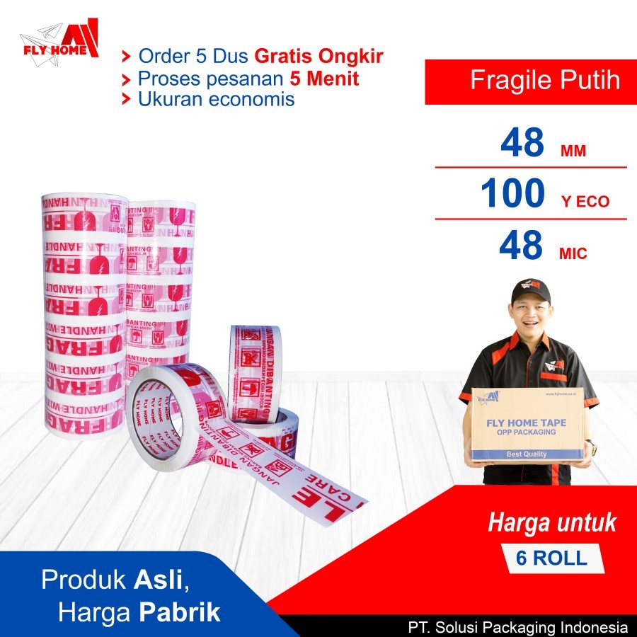 

FLYHOME Fragile putih 100yard 2inchi 48mm x 100yard 6 roll lakban Printing 100 yard ECO