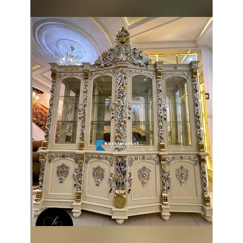 LEMARI PAJANGAN SHIMA KAYU JATI ALMARI HIAS UKIR WARNA PUTIH