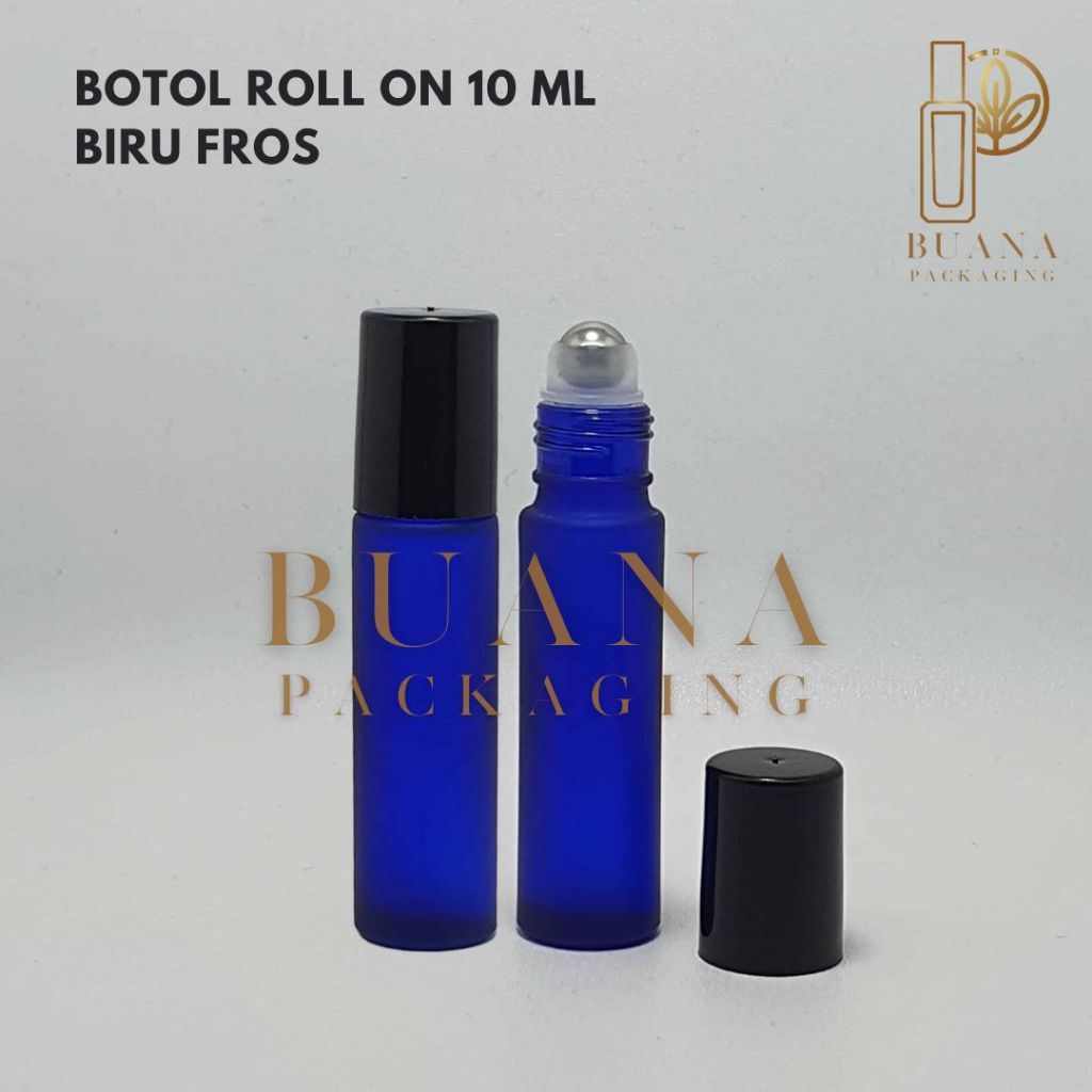 Botol Roll On 10 ml Biru Frossted Tutup Plastik Hitam Bola Stainles / Botol Roll On / Botol Kaca / Parfum Roll On / Botol Parfum / Botol Parfume Refill / Roll On 8 ml