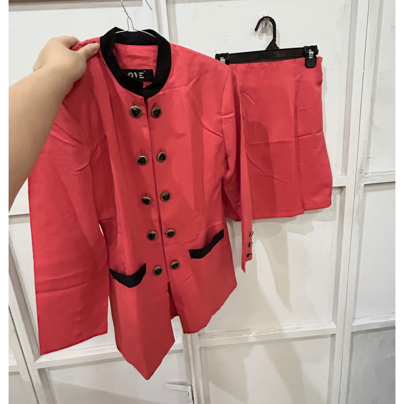 new baru ove vintage set pink merah blazer rok mini