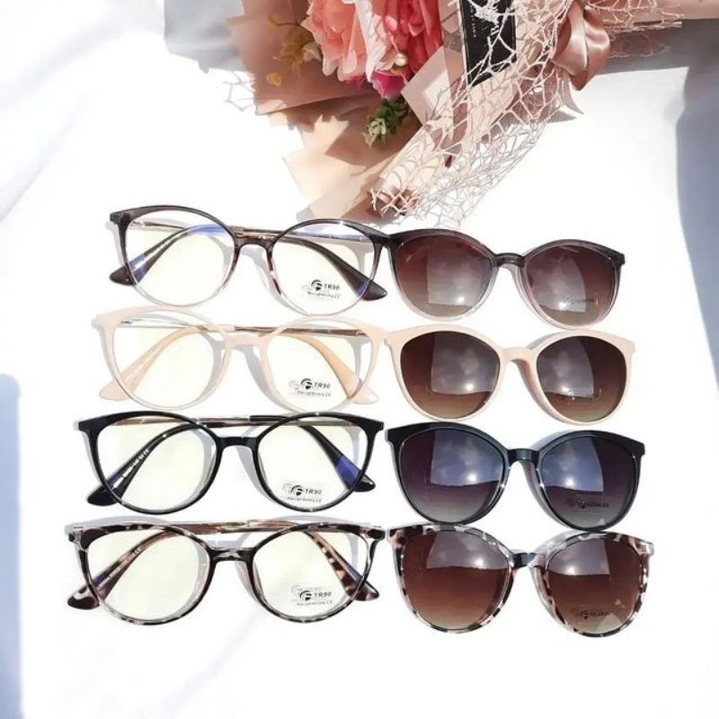 Getta kacamata clip on magnet lepas pasang lensa minus cewek frame bulat