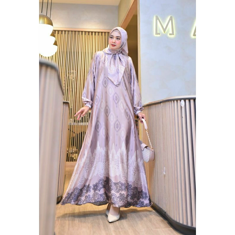 Gamis Set Hijab Armani Silk Premium motif Etnik Salju