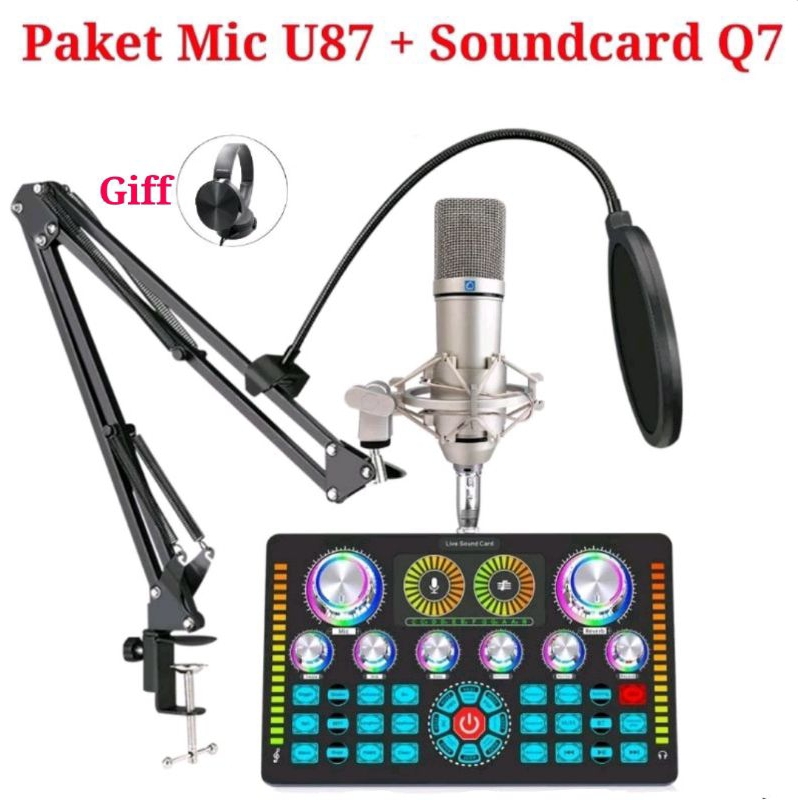 Paket Mic Condenser U87 Soundcard Q7 48V Phantom Power Stand Arm Pop Filter Live Streaming Recording