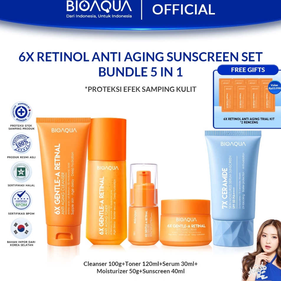 Paket Meriah  BIOAQUA 6X GentleA Retinol Anti Aging Skincare With Sunscreen Sunblock Wajah  Moisturi