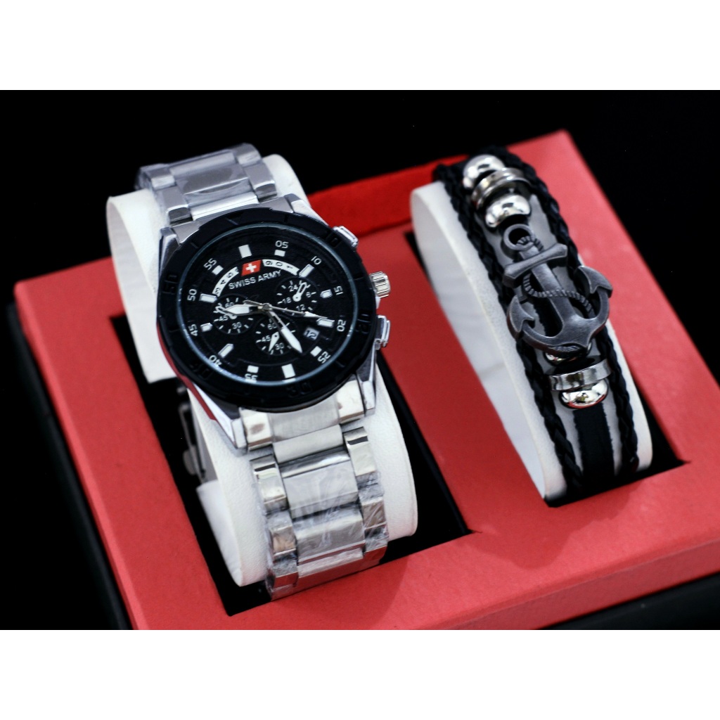 Jam Tangan Fashion Pria S-1890 Free Gelang Kulit Jangkar Model Analog