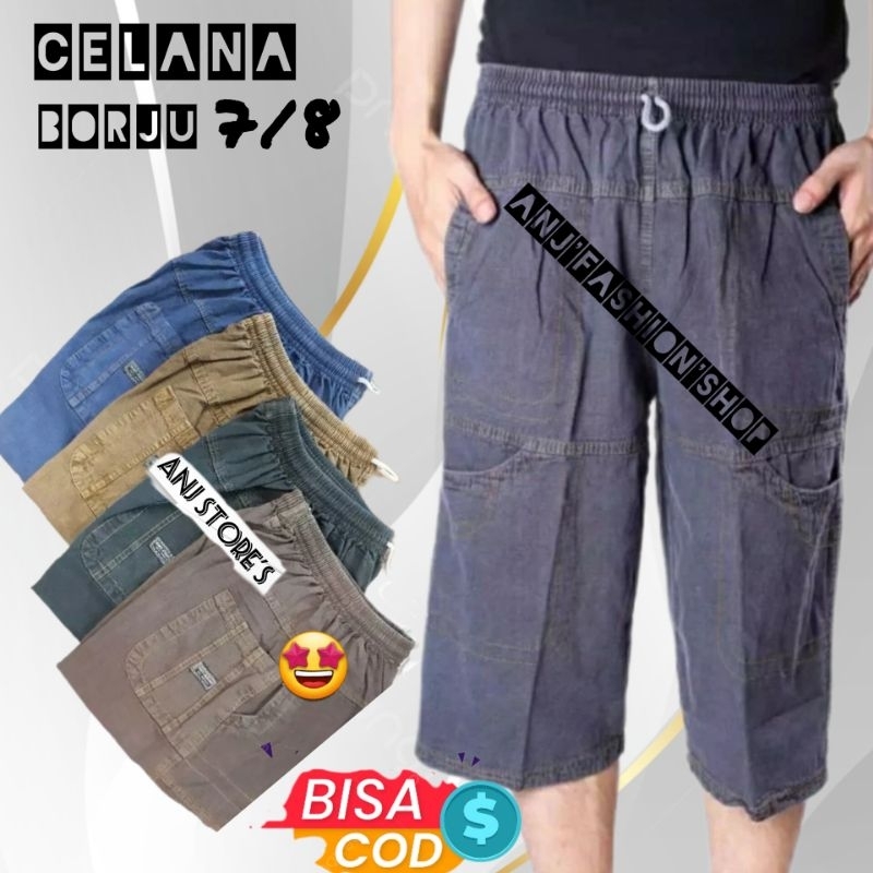 Celana Pendek BORJU CARGO Pria Dewasa 7/8 Harian Jumbo Bahan Jeans Canvas Grey Pakaian Cowok Grosir