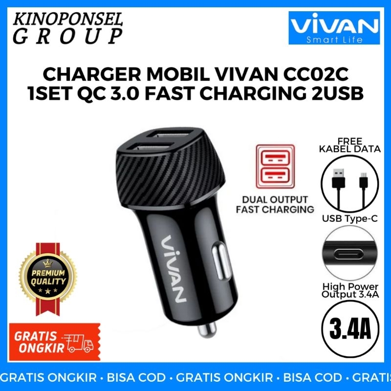 Charger Mobil Vivan CC02C Carbone DualUSB With Smart IC | Adaptor Charger Mobil | Kepala Charger Mob