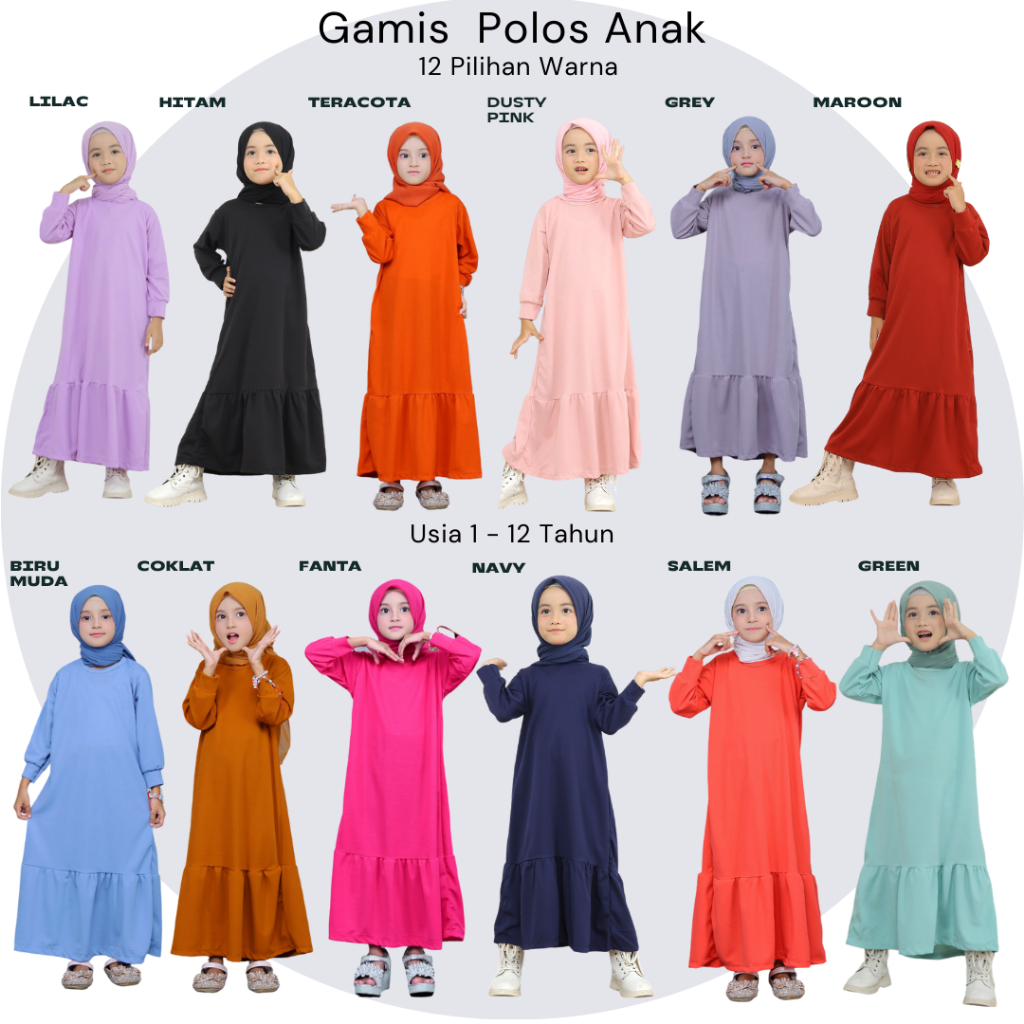 COANDCOW Gamis Polos - Baju Gamis Anak Perempuan 1 sampai 12 tahun Merah Maroon Hijau Navy Hitam Dus