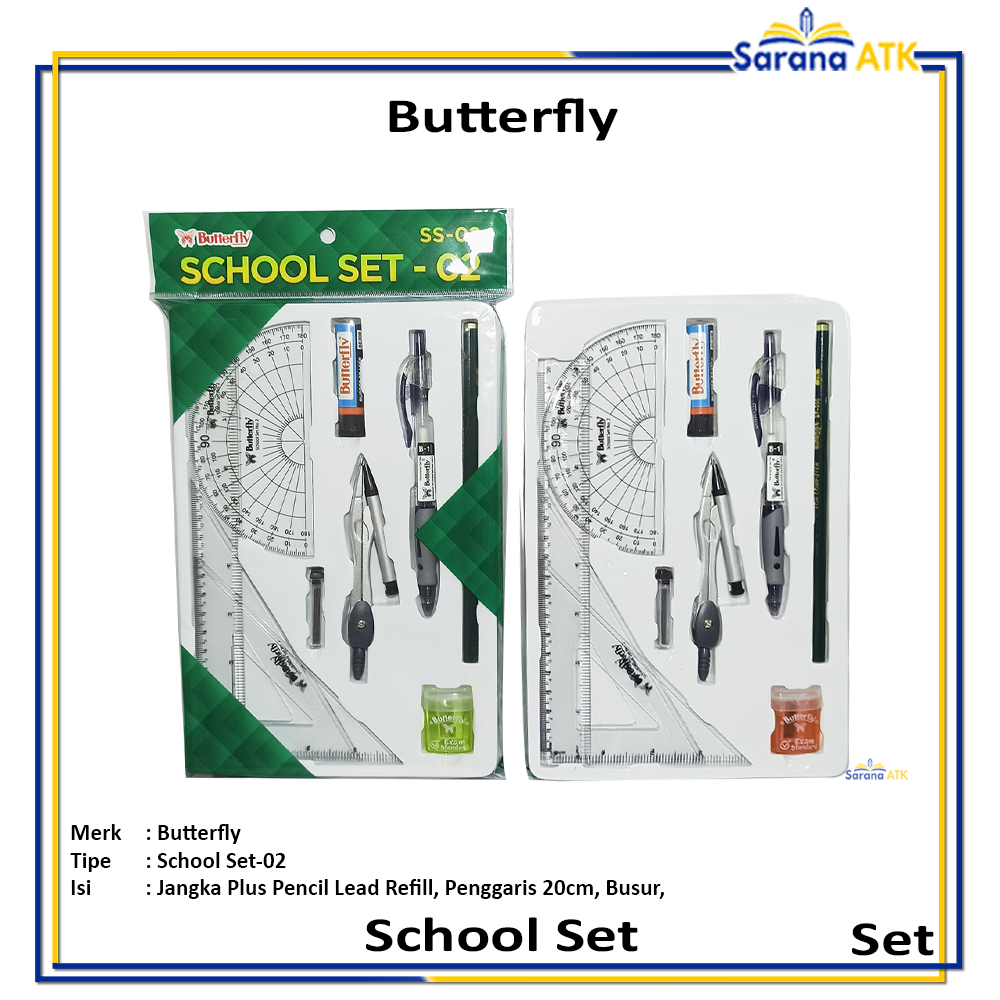 

Butterfly - Paket Alat Tulis Lengkap Jangka Penggaris Plus Refill Pensil Mechanical SS 02 - Set