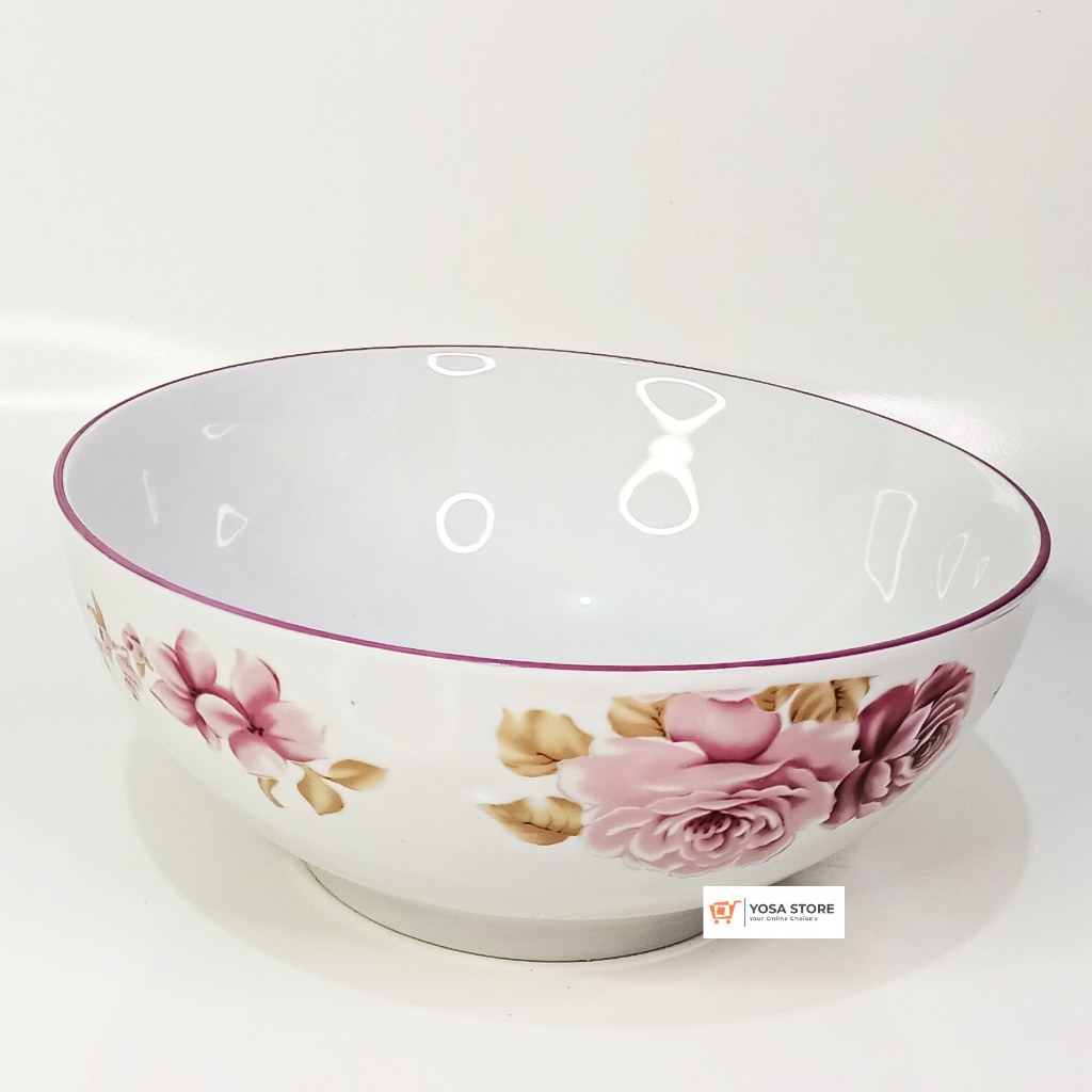 Mangkok Sayur Jumbo Keramik Motif Pink Rossie 9 Inch - 1 Pcs