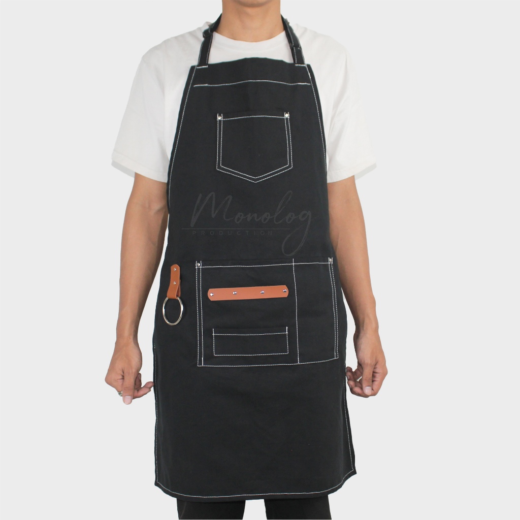 Monolog Custom Apron Barista Bartender Tali Leher Canvas Leather Celemek Masak Dapur Pria Wanita  Ch