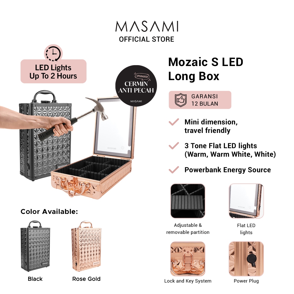 Masami S Led Long Box Black Mozaic 21x30x10cm Beauty Case Rose Gold Koper Black / Tas Kosmetik / Mak