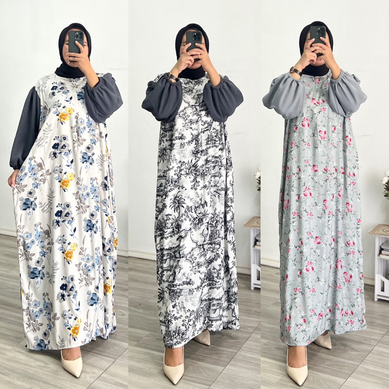 SHANUM DRESS / Gamis Rayon Kombinasi / Gamis Rayon Motif Busui / Dress Gamis Kombinasi Crinkle Airfl