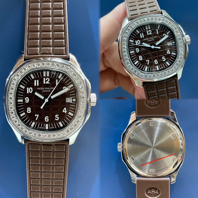 JAM TANGAN WANITA/CEWEK PATEK PHILIPPE AQUANUT DIAMOND RING KARET COKELAT SILVER PREMIUM JAPAN AAA D