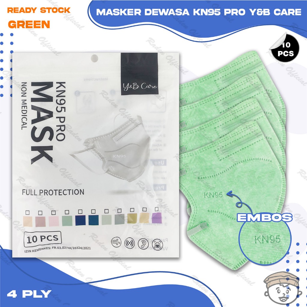 Masker KN95 PRO Y&B CARE 4Ply Isi 10Pcs Warna Green Hijau Muda 95PRO KN 95 PRO 4 Ply Earloop Surgica