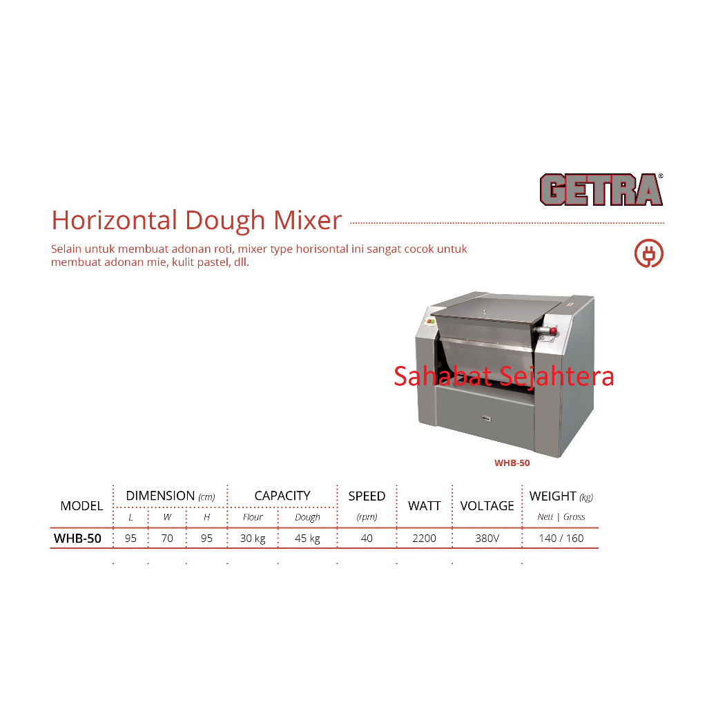 GETRA Horizontal Dough Mixer WHB-50 Mesin Pembuat Adonan Roti