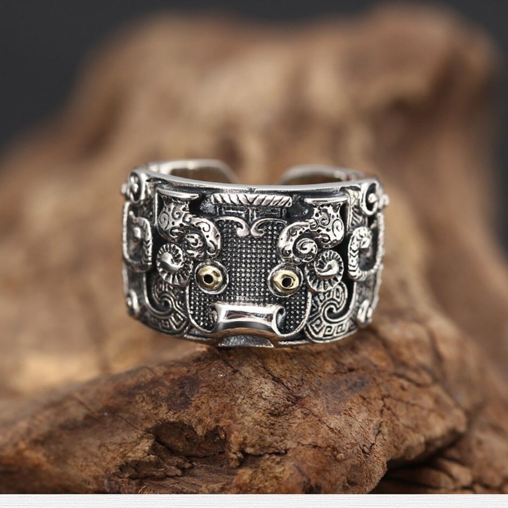 Cincin Premium Lebar Motif S925 - Sterling Silver Mythical Beast Gluttony Ring Import Fengshui Pixiu