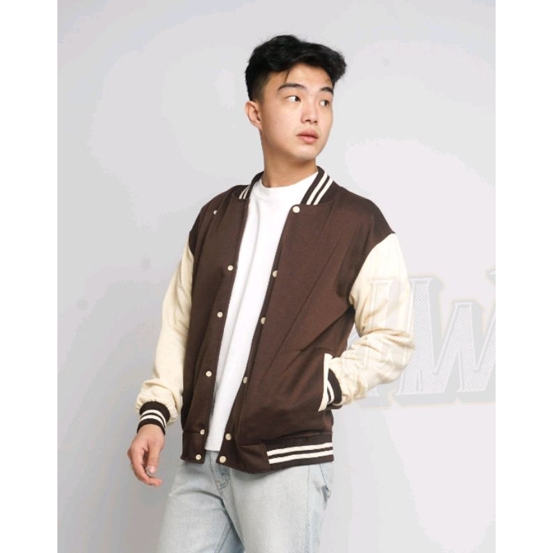 Jaket Baseball Varsity Kancing Tangan Cream Warna Coklat ✓Jaket Bomber Pria Dan Wanita Unisex M -XXL