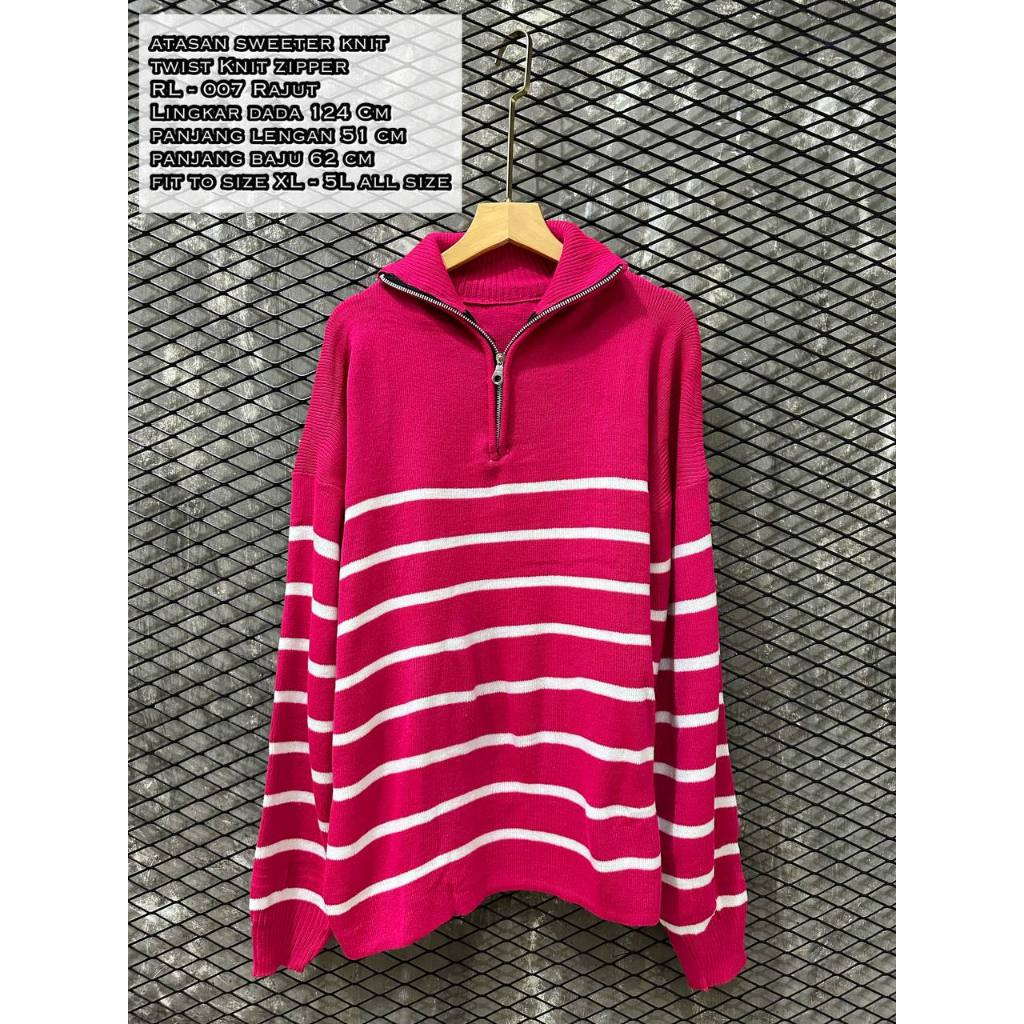 ATASAN WANITA RAJUT  - SWEATER KNIT - SWEATER ZIPPER - SWEATER RAJUT STRIPE GARIS KERAH SELETING KOR