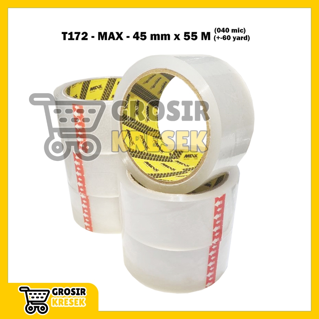 

T172 Lakban Bening MAX 45 mm x 60 yard (55 meter) 040 micron - Grosir Isolasi Plester Transparan Core Black
