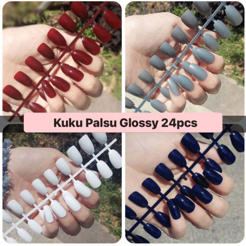 FREE LEM 24pcs Kuku Palsu Glossy Free Lem Cair Kuku Palsu Polos Panjang Fake Nails Nail Art Manicure