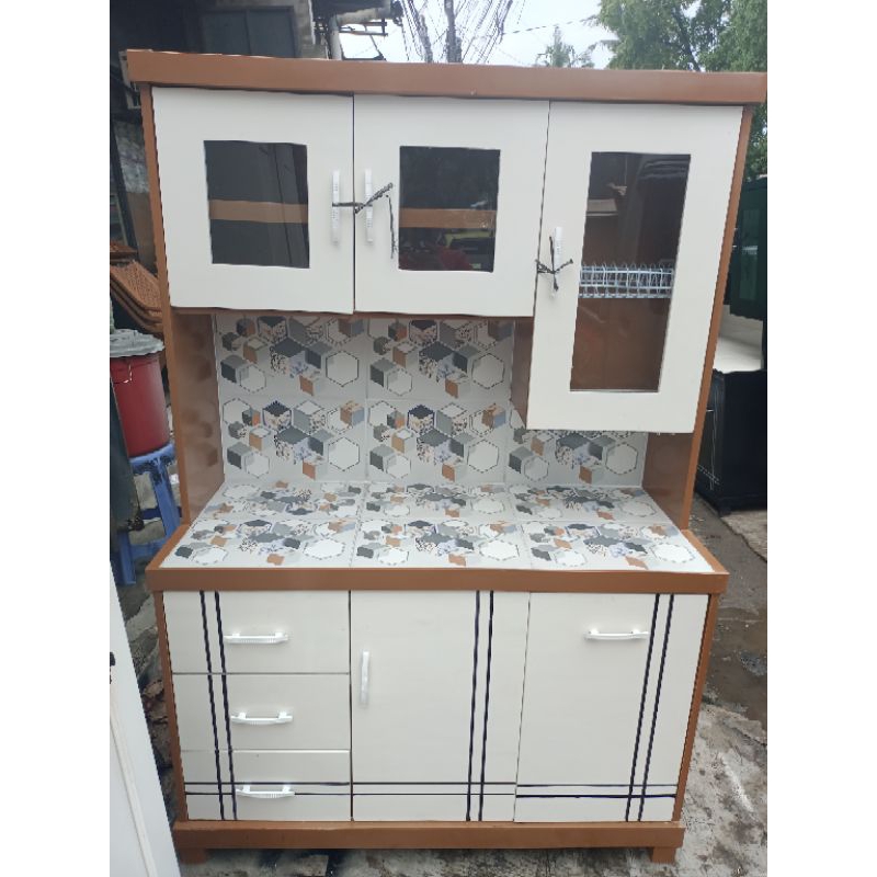 rak piring lemari sayur dapur pintu 3. laci 3 kaca new model kayu