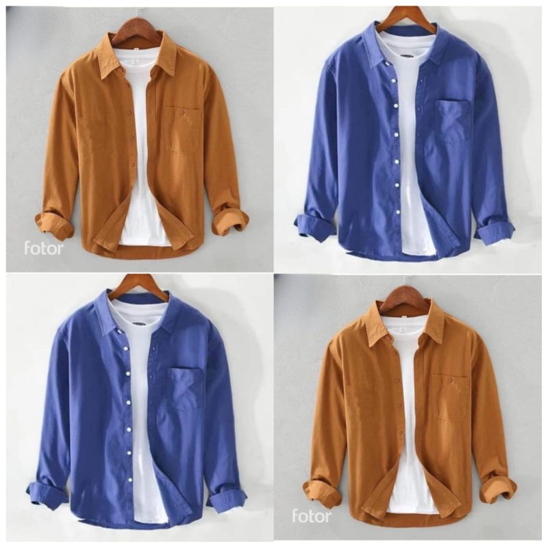 Baju Uni9lo pria mustard/Biru kemeja Lengan panjang Kemeja Polos kemeja mustard/biru