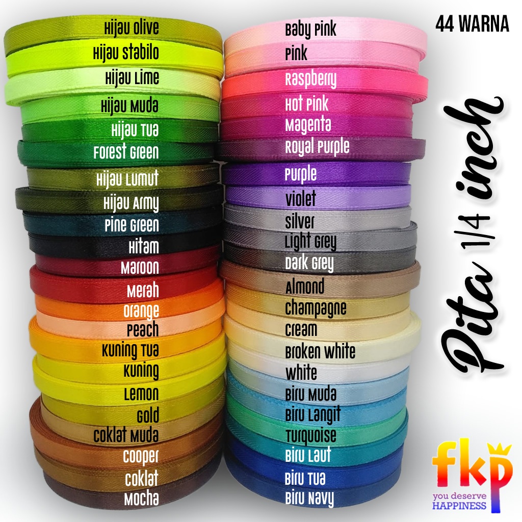 

FUN KIDS PARTY Pita Kain Satin Ukuran 1/4 inch - 44 Warna Paling Lengkap, Pita Satin 0.25" Panjang 25 Yard