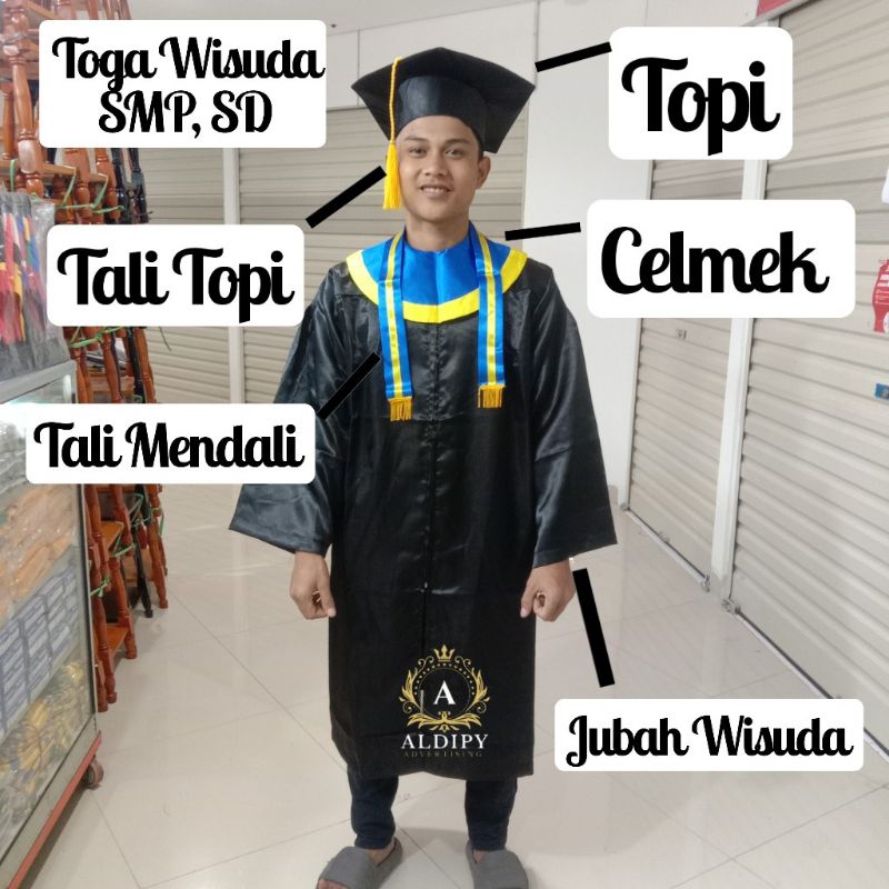 Toga Wisuda Anak SD Paket Lengkap Warna Samir Biru List Kuning Dan Kuning List Biru Terbaru