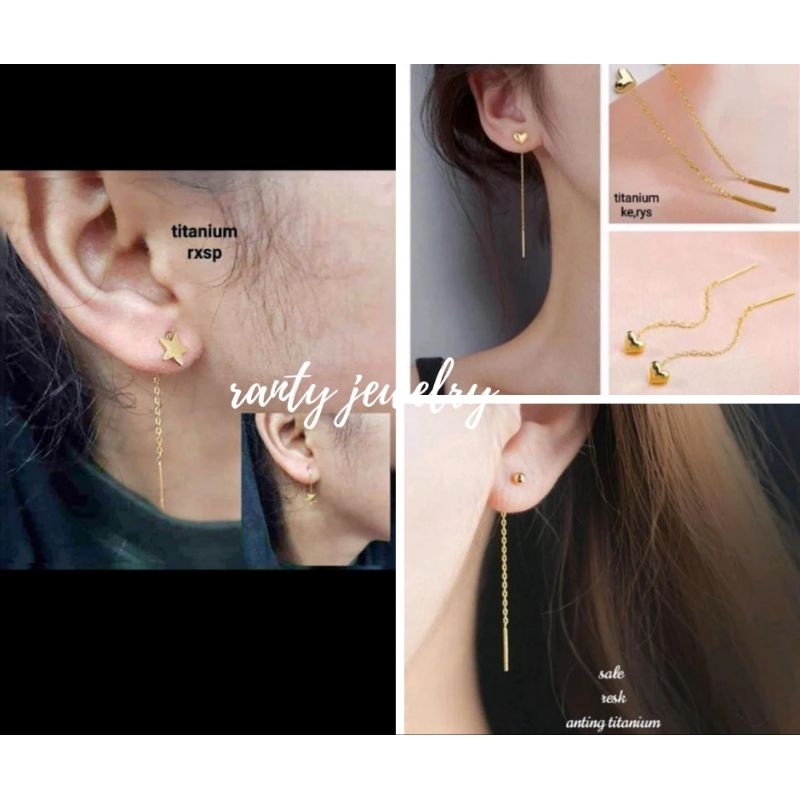 Anting Titanium Rumbai panjang Model Love, Bintang lima, Bulat, Anti karat, Anti luntur