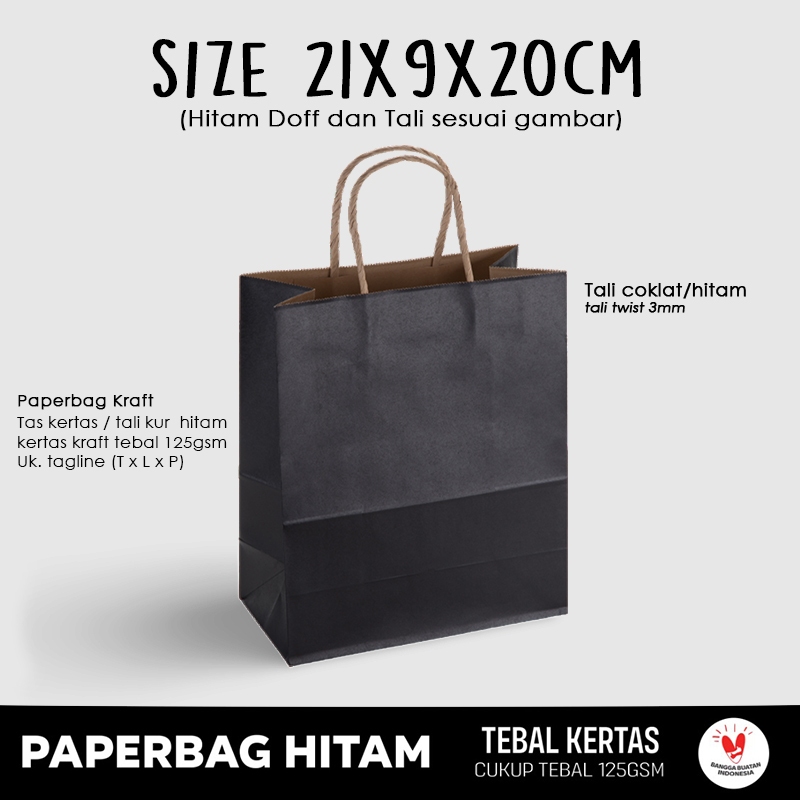 

(TALI KERTAS) Paper Bag HItam Jumbo 21x9x20 cm / Paper Bag Kado Packing Baju, Kaos / Papper Bag Polos Warna Hitam