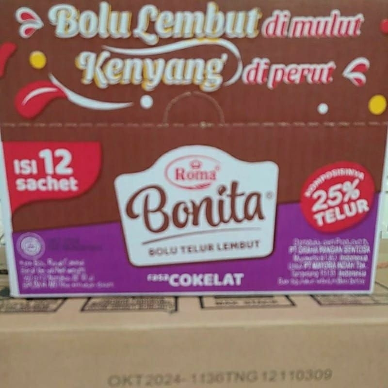 

ROMA BONITA BOLU TELUR LEMBUT RASA COKLAT 1 BOX ISI 12PCS