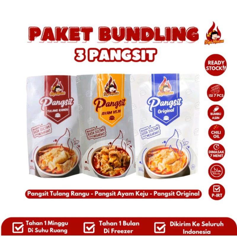 

Paket Bundling tiga pangsit Nyai Mercon (Pangsit Tulang rangu, ayam keju, pangsit Original)