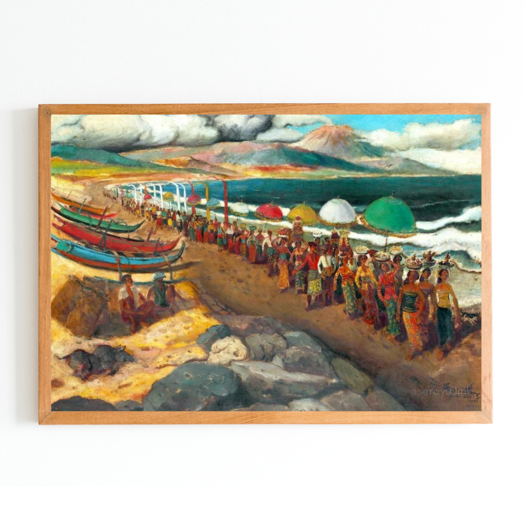 Cetak Lukisan Upacara Adat di Bali Bahan Luster Plus Bingkai Kayu Skandinavia