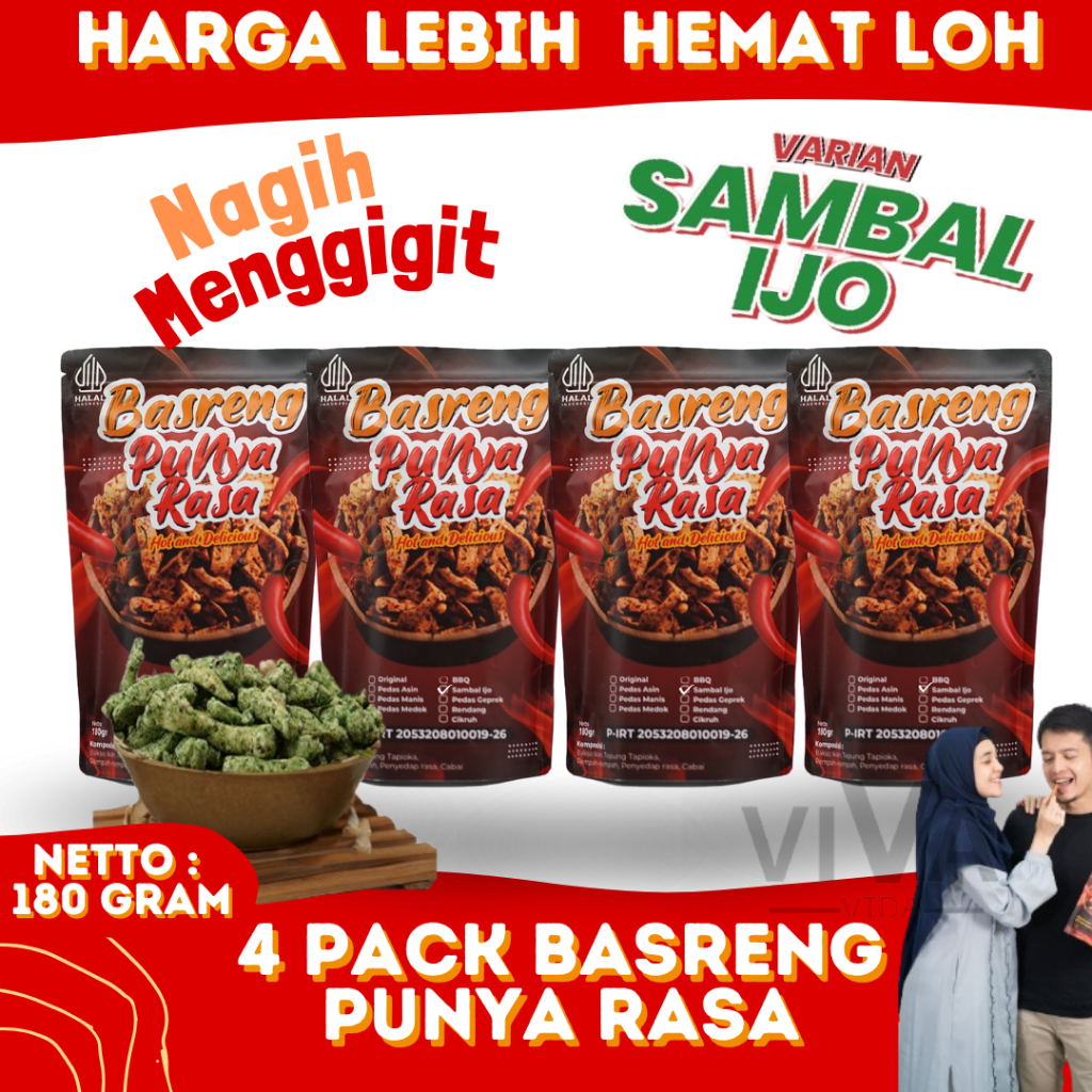 

Basreng Punya Rasa Sambal Ijo Paket Bundling Isi 4 Snack Stick Kriuk Bumbu Melimpah Rasa Super Pedas