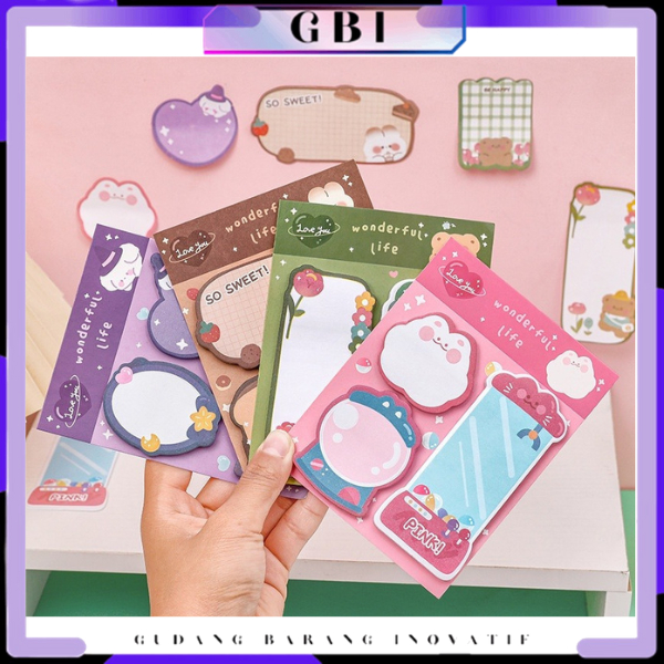 

GBI - Penanda Buku Memo Stick Stationery Memo Pad Convenience Cute 3 IN 1 Sticky Notes Lucu 3 IN 1 Tempelan Kertas Catatan 60 Lembar Notes Kertas Tempel Karakter Bear Cat Rabbit Pembatas Buku Motif Hewan Imut