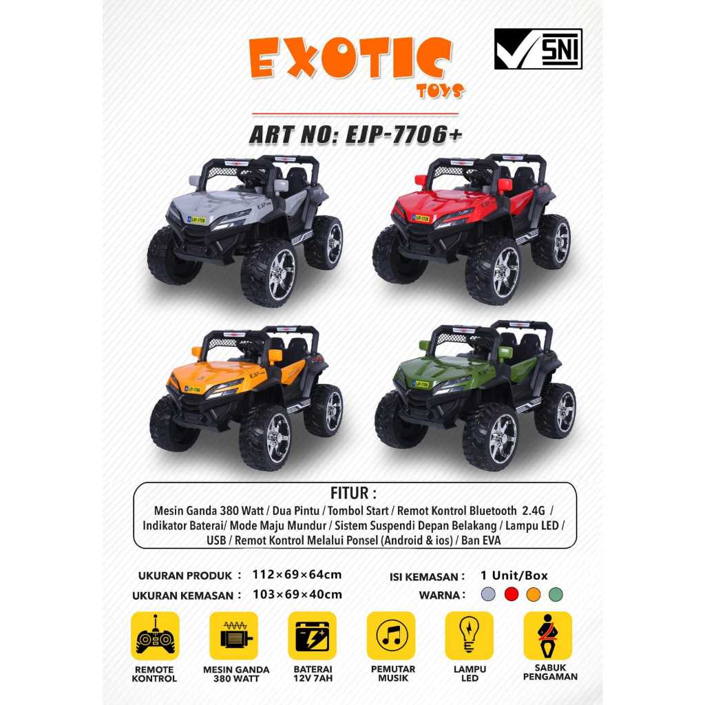 EXOTIC MOBIL AKI JEEP EJP - 7706+ ( BAN KARET ) || MAINAN ANAK MOBIL AKI JEEP EJP-7706+