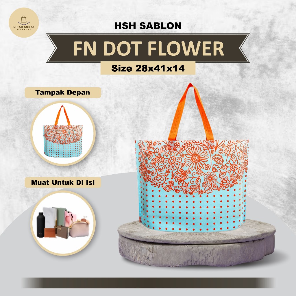 

Tas Kain Spunbond | Tas Goodie Bag Souvenir Pengajian | Tas Motif Souvenir Tahlilan Dot Flower 28x41x14