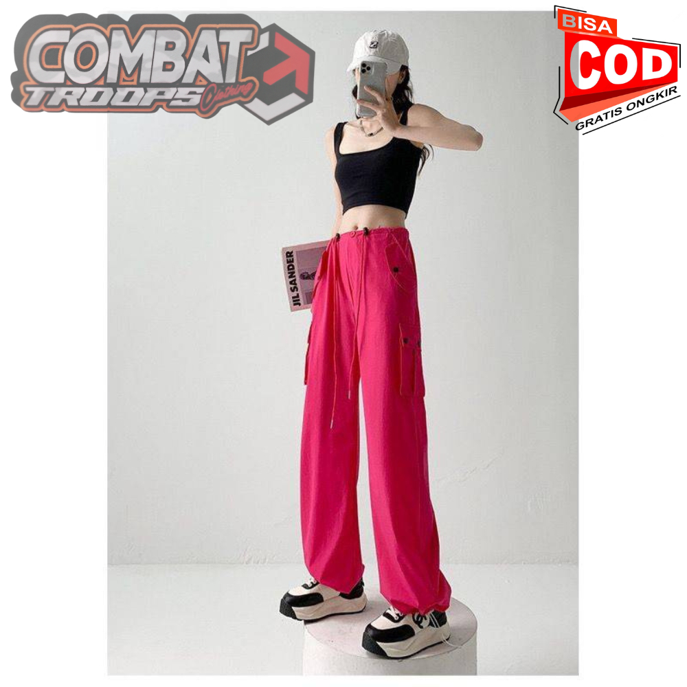 Celana Cargo Panjang Wanita Highwaist Loose Korea Style