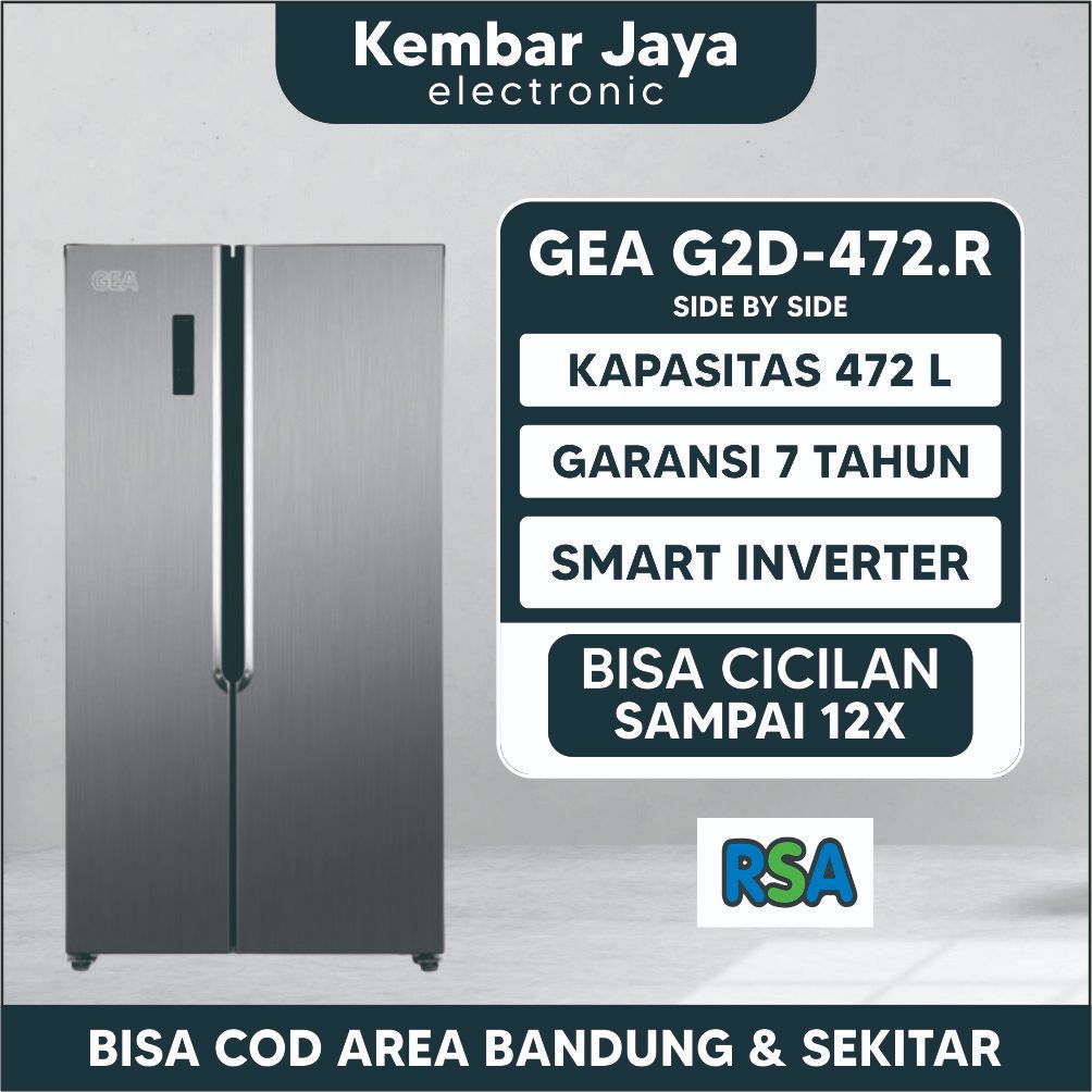 Kulkas Side By Side 2 Pintu Gea G2d-472.R Inox Black Glass 472 Liter Garansi Resmi